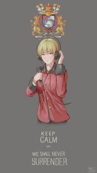 1girl absurdres blonde_hair blue_eyes blush braid cropped_legs darjeeling_(girls_und_panzer) emblem female_focus french_braid girls_und_panzer grey_background hand_on_headphones headphones highres keep_calm_and_carry_on looking_at_viewer microphone solo st._gloriana&#039;s_(emblem) st._gloriana&#039;s_military_uniform useless_(gss44344)