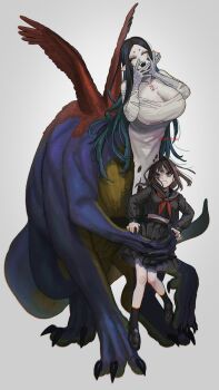 2girls black_eyes black_hair breasts cleavage closed_eyes commentary_request extra_arms fangs highres hnnstkn001 huge_breasts laughing lifting_person long_hair monster_girl multiple_girls open_mouth original pointy_ears scared school_uniform shoes simple_background size_difference skirt taur torn_clothes white_background wings yuri