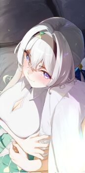 1boy 1girl ailushin bare_shoulders black_hairband blue_eyes blush breasts cleavage closed_mouth commentary english_commentary firefly_(honkai:_star_rail) green_skirt grey_hair hairband highres honkai:_star_rail honkai_(series) large_breasts locked_arms long_hair multicolored_eyes purple_eyes shirt skirt smile solo_focus two-tone_eyes white_shirt