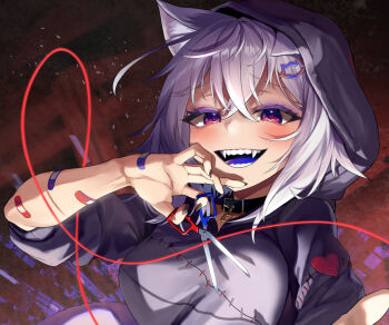 1girl artist_request bandaid fangs heart heart-shaped_pupils highres hololive jewelry necklace nekomata_okayu open_mouth patched patchwork_clothes red_eyes scissors smile source_request stitches stitches symbol-shaped_pupils thread virtual_youtuber zombie