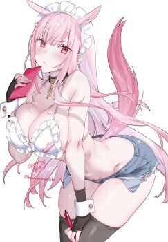 1girl :&lt; absurdres alternate_species artist_name bare_shoulders bikini black_choker black_gloves black_thighhighs blue_shorts blush breasts chain choker cleavage closed_mouth collarbone commentary english_commentary fingerless_gloves fingernails frilled_bikini frills gloves highres holding holding_pen hololive hololive_english horse_girl kamiya_maneki large_breasts leaning_forward long_hair looking_at_viewer maid_headdress mori_calliope pen pink_eyes pink_hair shorts signature simple_background solo stomach swimsuit thighhighs thighs virtual_youtuber white_background white_bikini white_wrist_cuffs wrist_cuffs