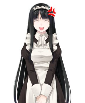 1girl :d ^_^ alternate_costume anger_vein apron black_dress closed_eyes commentary_request cowboy_shot crote dress enmaided facing_viewer highres hime_cut houraisan_kaguya juliet_sleeves large_variant_set long_hair long_sidelocks long_sleeves maid maid_apron maid_headdress open_mouth own_hands_together puffy_sleeves sidelocks sleeve_cuffs smile solo standing tachi-e teeth touhou transparent_background upper_teeth_only v-shaped_eyebrows variant_set very_long_hair white_apron white_headdress