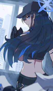 1girl absurdres ass bare_shoulders baseball_cap belt black_pants black_shirt blue_archive blue_eyes blue_hair blue_halo building butt_crack commentary_request crop_top from_behind halo hat highres holding holding_mask kasuokasuto long_hair looking_back mask pants saori_(blue_archive) shirt solo utility_belt window