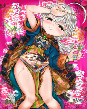 1girl blowing_bubbles brooch brown_eyes bubble commentary_request dress flat_chest grey_hair highres jewelry loli lolibaba long_hair lying manga_(object) mimit on_back original pelvic_curtain smile solo towako_(akane_shinsha)