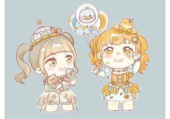 2girls aaaaaaay animal_balloon aqua_bloomers aqua_dress aqua_gloves aqua_hat backpack bag balloon balloon_trip_(infinity_nikki) bird blonde_hair bloomers blunt_bangs border bow bowtie bracelet brooch brown_eyes brown_hair bubble_skirt cat_hair_ornament character_hair_ornament chibi chinese_commentary cloud_daydreams_(infinity_nikki) coattails collar commentary_request cropped_legs detached_collar dress duck flower_balloon flower_bracelet frilled_bloomers frilled_gloves frills fur_skirt gloves grey_background hair_ornament hand_on_own_cheek hand_on_own_face happy hat hat_bow hat_ornament heart heart_print hexagram highres holding holding_balloon holding_stuffed_toy infinity_nikki jewelry lace_collar light_blush looking_at_viewer mini_hat mini_top_hat miniskirt momo_(nikki) multiple_girls nikki_(series) official_alternate_color open_mouth outline paint_splatter paint_splatter_on_face pantyhose pillarboxed pink_bow pink_bowtie print_gloves print_pantyhose short_hair short_twintails sidelocks simple_background skirt skirt_under_dress smile sparkling_eyes standing star_(symbol) star_brooch star_hat_ornament star_print striped_clothes striped_dress striped_headwear striped_pantyhose stuffed_animal stuffed_toy tailcoat teddy_bear teeth top_hat twintails underwear upper_teeth_only upturned_eyes vertical-striped_clothes vertical-striped_dress vertical-striped_headwear vertical-striped_pantyhose wavy_hair white_border white_collar white_outline white_pantyhose white_skirt yellow_bow yellow_dress yellow_eyes yellow_hat