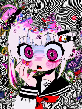 Rule 34 | 1girl, :o, abstract, absurdly detailed composition, absurdres, black sailor collar, blonde hair, blush, bow, copyright request, cross-eyed, egg hair ornament, food-themed hair ornament, hair bow, hair ornament, hand up, highres, neckerchief, pink eyes, red nails, red neckerchief, ringed eyes, sailor collar, school uniform, serafuku, shirt, sidelocks, solo, st66612873, two side up, upper body, white shirt