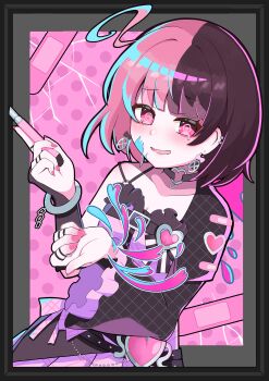 1girl @_@ absurdres bandaid black_choker black_hair border boxcutter chain choker commentary_request cowboy_shot dripping_eye earrings haishin_shoujo_no_uraaka_meikyuu heart heart_o-ring highres holding holding_boxcutter jewelry looking_at_viewer mononobe_nekuro multicolored_hair nail_polish o-ring o-ring_choker open_mouth pink_background pink_eyes pink_hair pink_nails pink_shirt pleated_skirt ring saike_liel shirt short_hair skirt smile solo split-color_hair tearing_up two-tone_hair