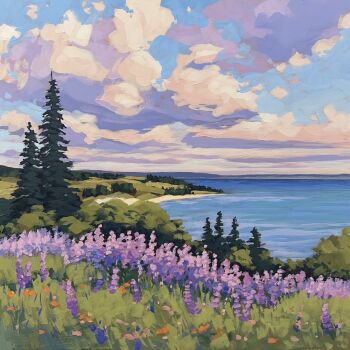 Rule 34 | acrylic paint (medium), beach, cloud, cloudy sky, commentary, english commentary, flower, highres, jimmusilpainter, lupinus (flower), no humans, ocean, original, outdoors, painting (medium), pine tree, purple flower, scenery, sky, traditional media, tree