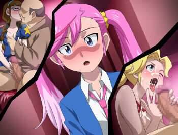 1boy 3girls age_difference bald blonde_hair blue_eyes blush bottomless braid breasts brown_hair censored cum cum_in_mouth cum_on_body cum_on_breasts cum_on_upper_body digimon digimon_universe:_appli_monsters dutch_angle faceless faceless_male facial fellatio french_kiss full-face_blush glasses green_eyes handjob hetero indoors karan_eri kibayashi_erena kiss loli long_hair makino_tomoyasu mashiro_arisu masturbation mosaic_censoring multicolored_hair multiple_girls necktie nude old old_man one_eye_closed open_mouth oral penis pink_hair pink_neckwear purple_eyes semi-rimless_eyewear sex short_hair smile surprised sweat sweatdrop twin_braids under-rim_eyewear