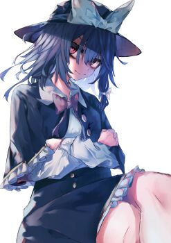 1girl absurdres alternate_eye_color black_capelet black_hair black_hat black_skirt bow bowtie buttons capelet closed_mouth collared_shirt crossed_arms crossed_legs frilled_capelet frilled_skirt frills hair_between_eyes hat highres long_sleeves looking_at_viewer medium_hair muraryo red_bow red_bowtie red_eyes shirt simple_background sitting skirt sleeve_cuffs smile solo touhou usami_renko white_background white_shirt