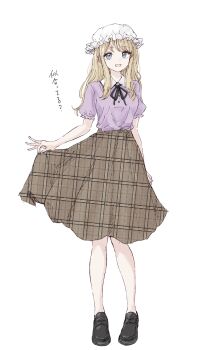 1girl :d black_ribbon blonde_hair blue_eyes buttons clothing_request collar hair_between_eyes hat highres kashiwada_kiiho long_hair maribel_hearn mob_cap open_mouth purple_shirt ribbon shirt shirt_ribbon short_sleeves simple_background skirt smile solo standing touhou translated white_background white_collar white_hat