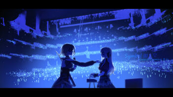 2girls audience bang_dream! bang_dream!_it's_mygo!!!!! blue_theme commentary_request corset doloris_(bang_dream!) dress glowstick guitar hayashi_mujina highres holding holding_guitar holding_instrument holding_microphone instrument keyboard_(instrument) letterboxed long_hair mask masquerade_mask microphone misumi_uika multiple_girls oblivionis_(bang_dream!) penlight_(glowstick) shirt short_hair sidelocks togawa_sakiko wrist_cuffs