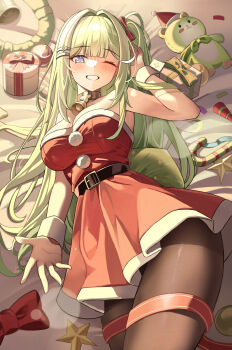1girl absurdres bare_shoulders bed bed_sheet bell belt black_belt black_pantyhose blush bow breasts candy candy_cane chico_(yuzuha_riko) christmas christmas_ornaments christmas_present cleavage collarbone commentary dress english_commentary food gift green_eyes green_hair hair_between_eyes hair_intakes hair_ribbon hair_spread_out hand_in_own_hair hand_up hat hatae0226_(hty) highres lens_flare long_hair looking_at_viewer medium_breasts neck_bell off-shoulder_dress off_shoulder on_bed one_eye_closed pantyhose parted_lips pom_pom_(clothes) red_bow red_dress red_ribbon ribbon santa_costume santa_dress santa_hat sidelighting sleeveless sleeveless_dress smile solo star_(symbol) star_ornament stellive thighs very_long_hair virtual_youtuber white_wrist_cuffs wrist_cuffs yuzuha_riko