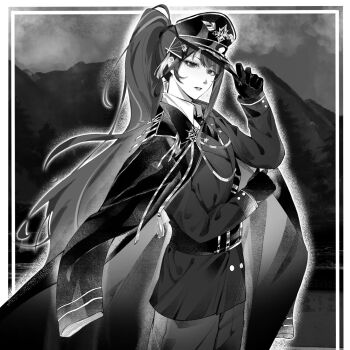 1girl alternate_costume alternate_hairstyle alternate_universe artist_request belt blunt_bangs chinese_commentary coat collared_coat collared_shirt commission duplicate fan_hair_ornament genshin_impact gloves hair_ornament hat head_tilt high_ponytail highres holding holding_unworn_clothes holding_unworn_hat jacket jewelry long_hair long_sleeves looking_at_viewer looking_to_the_side military military_hat military_jacket military_uniform mole mole_under_eye monochrome multicolored_hair necktie open_clothes open_coat outdoors pants parted_lips peaked_cap pendant pixel-perfect_duplicate ponytail raiden_shogun second-party_source shirt solo standing streaked_hair unworn_hat unworn_headwear upper_body