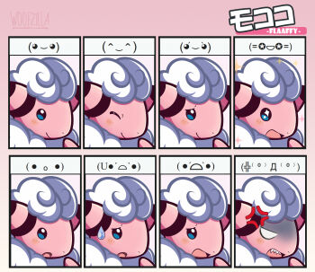 Rule 34 | anger vein, blue eyes, blush stickers, border, bright pupils, character name, closed eyes, comedic sweatdrop, commentary, emoticon, english commentary, expression chart, flaaffy, gen 2 pokemon, happy, highres, kaomoji, nervous, nintendo, no humans, open mouth, pink border, pokemon, pokemon (creature), sharp teeth, smile, sparkle, surprised, teeth, translation request, white pupils, woofzilla