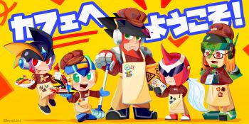 5boys absurdres alternate_costume apron armor assault_visor bass.exe_(mega_man) black_hair black_helmet blue_helmet bodysuit brown_hair buysell_bird cafe cake chibi chibi_only colonel.exe_(mega_man) fins food forehead_jewel full_body green_eyes green_helmet head_fins helmet highres holding holding_menu holding_mop holding_notebook ketchup long_hair looking_at_viewer male_focus mega_man_(series) mega_man_battle_network_(series) megaman.exe menu menu_board mixed-language_commentary mop multiple_boys name_tag netnavi notebook notepad open_mouth protoman.exe red_eyes red_helmet searchman.exe simple_background spiked_hair standing taking_notes twitter_username wet_floor_sign white_background white_hair