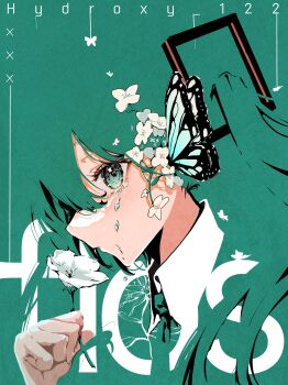 1girl absurdres artist_name blue_butterfly bug butterfly collar commentary crying crying_with_eyes_open english_text flower green_eyes green_hair green_necktie hair_flower hair_ornament hair_over_one_eye hatsune_miku highres holding holding_flower hydroxy_122 insect long_hair necktie portrait simple_background solo tears vocaloid white_collar white_flower