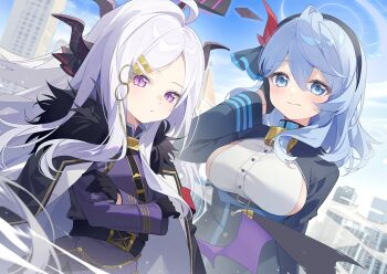 2girls ako_(blue_archive) black_cape black_jacket blue_archive blue_eyes blue_hair blue_halo blue_sky breasts cape closed_mouth commentary_request crossed_arms fur-trimmed_cape fur_trim grey_hair halo hand_on_own_cheek hand_on_own_face hina_(blue_archive) jacket large_breasts long_hair medium_hair multiple_girls purple_eyes purple_jacket sky smile upper_body yunweishukuang