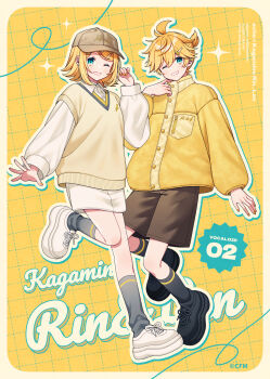 1boy 1girl ;d amagi_hana artist_name black_shoes black_socks blonde_hair blue_eyes brown_hat brown_shorts character_name collared_shirt commentary_request copyright_notice full_body grey_socks hair_ornament hairclip hat highres jacket kagamine_len kagamine_rin leg_up long_sleeves official_art one_eye_closed open_mouth outline puffy_long_sleeves puffy_sleeves shirt shoes shorts smile socks vocaloid white_outline white_shirt white_shoes yellow_jacket yellow_theme