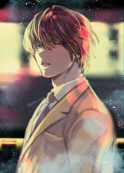 1boy blurry blurry_background brown_eyes brown_hair brown_jacket collared_shirt death_note hair_between_eyes highres jacket looking_at_viewer male_focus necktie pan2ca parted_lips red_necktie school_uniform shirt short_hair solo suit_jacket train_station twitter_username upper_body white_shirt yagami_light