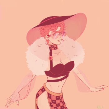 1girl bra commentary cowboy_shot english_commentary fur_jacket hat highres jacket jojo_no_kimyou_na_bouken large_hat light_smile looking_at_viewer math moccchi_(pinkuqueen) navel orange_background pink-tinted_eyewear pink_hair short_hair side_slit simple_background sunglasses tinted_eyewear trish_una underwear