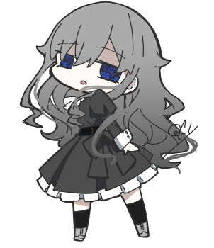 1girl absurdres black_dress black_thighhighs blue_eyes chibi chibi_only commentary dress frilled_dress frills from_behind gothic_lolita grey_hair highres juliet_sleeves lolita_fashion long_hair long_sleeves looking_at_viewer medium_dress oofushi_ao open_mouth original over-kneehighs parted_lips puffy_sleeves signature simple_background solo standing thighhighs very_long_hair wavy_hair white_background