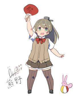 Rule 34 | 1girl, absurdres, arm up, ball, beachball, black footwear, blush, bow, bowtie, brown cardigan, brown hair, brown skirt, brown thighhighs, cardigan, character name, collared shirt, dated, frilled skirt, frills, green eyes, hand fan, highres, holding, holding fan, inica, kantai collection, kumano (kancolle), long hair, one-hour drawing challenge, open mouth, ponytail, rabbit, red bow, red bowtie, shirt, signature, skirt, thighhighs, white background, white shirt