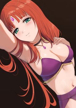 Rule 34 | 1girl, absurdres, alternate costume, aqua eyes, arm up, black choker, breasts, brown background, choker, cleavage, closed mouth, commentary, english commentary, genshin impact, hand on own chest, highres, kauru00, long hair, looking at viewer, medium breasts, navel, nilou (genshin impact), no headwear, red hair, smile, solo, upper body