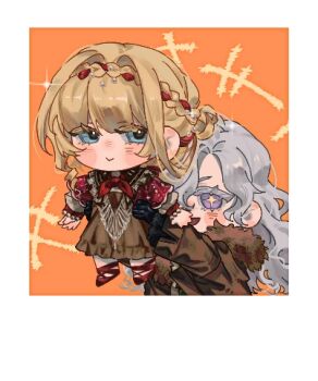Rule 34 | +++, + +, 2girls, :>, :d, arms up, black gloves, blonde hair, blue eyes, border, braid, braided bangs, brown coat, brown dress, carrying, carrying person, chibi, cloak, coat, commentary request, dress, fur-trimmed coat, fur trim, gloves, grey hair, kiperina, long hair, looking at viewer, low ponytail, lowres, multiple girls, neckerchief, open mouth, orange background, ponytail, purple eyes, red cloak, red neckerchief, red shoes, reverse:1999, shoes, smile, teacher and student, white border, windsong (reverse:1999), yongwu leyuan