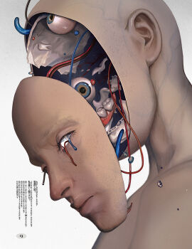 1boy absurdres bald bone broken_skull commentary detached_face eyeball highres jawbone loose_wires mikasamu original solo teeth veins wire