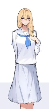 1girl alternate_costume arm_behind_back blonde_hair blue_eyes blue_neckerchief blue_sailor_collar blue_skirt blue_wrist_cuffs braid braided_ponytail breasts cowboy_shot fate/grand_order fate_(series) genderswap genderswap_(mtf) hair_over_shoulder hand_on_own_chest highres holding holding_own_hair kirschtaria_wodime large_breasts long_hair looking_past_viewer low-braided_long_hair low-tied_long_hair neckerchief pants sabamori sailor_collar school_uniform serafuku shirt sidelocks single_braid skirt smile solo_focus tattoo white_hair white_serafuku white_shirt wrist_cuffs