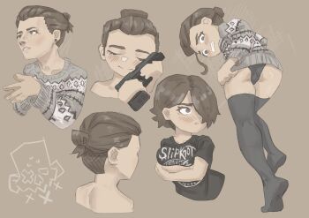 1girl artist_self-insert ass black_shirt black_thighhighs brown_background gun hair_bun handgun highres holding holding_gun holding_weapon medium_hair mr_banzai original shirt single_hair_bun solo sweater thighhighs weapon