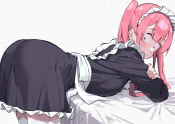 1boy apron ayatak0517 black_eyes blush crossdressing crossdressing_(mtf) komi-san_wa_komyushou_desu leaning_on_table maid maid_apron maid_headdress pink_hair simple_background skirt solo table tadano_hitohito thighhighs trap twintails white_background wide-eyed zettai_ryouiki