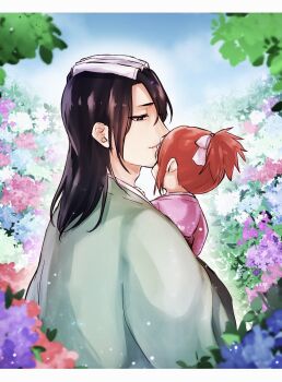 1046sstep_btoh 1boy 1girl abarai_ichika black_hair bleach bleach:_epilogue carrying carrying_person child commentary_request flower garden hair_ornament haori highres japanese_clothes kuchiki_byakuya long_hair red_hair uncle_and_niece