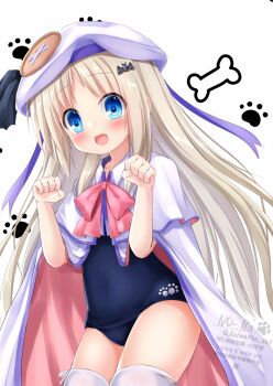 1girl bat_hair_ornament beret black_one-piece_swimsuit blonde_hair blue_eyes bone bow cape hair_ornament hat highres kud_wafter kudpoid_(71139) large_buttons little_busters! long_hair noumi_kudryavka one-piece_swimsuit paw_pose paw_print pink_bow school_swimsuit simple_background smile solo swimsuit thighhighs white_background white_cape white_hat white_thighhighs