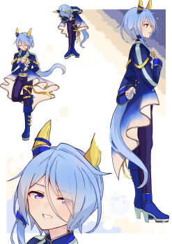 1girl absurdres animal_ears blue_hair blue_jacket blue_shoes bowing closed_eyes commentary_request ear_covers eyes_visible_through_hair grin high_heels highres horse_ears horse_girl horse_tail izu_lemon jacket k.s.miracle_(prism)_(umamusume) k.s.miracle_(umamusume) long_sleeves looking_at_viewer multiple_views purple_eyes shoes simple_background smile tail umamusume