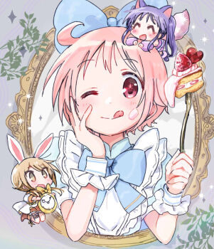 Rule 34 | 3girls, ;q, ahoge, alice's adventures in wonderland, alice (alice in wonderland), alice (alice in wonderland) (cosplay), blonde hair, blue bow, blue bowtie, bow, bowtie, cake, cake slice, cheshire cat (alice in wonderland), cheshire cat (alice in wonderland) (cosplay), chibi, closed mouth, commentary request, cosplay, food, hair bow, hand on own cheek, hand on own face, hinata yukari, ichii yui, looking at viewer, multiple girls, nonohara yuzuko, one eye closed, pendant watch, pink eyes, pink hair, purple hair, smile, strawberry shortcake, tatsunokosso, tongue, tongue out, white rabbit (alice in wonderland), white rabbit (alice in wonderland) (cosplay), yuyushiki