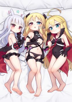 3girls antenna_hair ass barefoot black_leotard blonde_hair blue_eyes boku_wa_tomodachi_ga_sukunai commentary_request commission crossover feet gloves hasegawa_kobato heterochromia highres kokone_(coconeeeco) legs leopard_(yatterman) leotard loli long_hair lying multiple_girls navel no_mask on_back paid_reward_available red_eyes sekai_seifuku:_bouryaku_no_zvezda skeb_commission smile soles toes trait_connection venera-sama yoru_no_yatterman