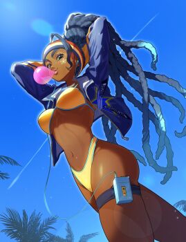 1girl absurdres ahoge aqua_hair ass beamed_eighth_notes bikini black_hair blowing_bubble_gum blue_sky breasts chewing_gum colored_tips cropped_jacket dark-skinned_female dark_skin dreadlocks earbuds earphones eyeshadow facepaint from_below grey_eyes headband highleg highleg_bikini highres kimberly_jackson large_breasts lips long_hair looking_at_viewer makeup multicolored_hair musical_note navel official_alternate_costume palm_tree ponytail red_eyeshadow sach56000 sky solo star_(symbol) stomach street_fighter street_fighter_6 swimsuit thick_eyebrows thigh_strap tree very_long_hair walkman yellow_bikini zipper