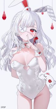 1girl absurdres ahoge animal_ears arm_behind_back bare_shoulders braid breasts bright_pupils character_request clothing_cutout covered_navel cowboy_shot detached_collar earrings eyepatch finger_to_mouth first_stage_production frilled_leotard frills fymrie hakanai_ruby_(vtuber) hand_up heart heart_cutout highres jewelry leotard long_hair looking_at_viewer medium_breasts parted_lips playboy_bunny rabbit_ears red_eyes shushing solo standing strapless strapless_leotard thighs virtual_youtuber white_hair white_leotard wrist_cuffs