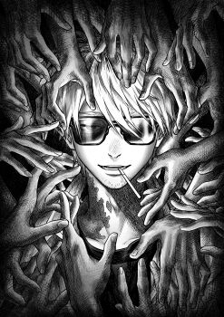 Rule 34 | 1boy, absurdres, cigarette, commentary request, facial hair, greyscale, highres, hikaru ga shinda natsu, looking at viewer, male focus, monochrome, mouth hold, osirisaldington, scar, scar on neck, shadow hands, short hair, stubble, sunglasses, tanaka (hikaru ga shinda natsu), teeth hold, upper body