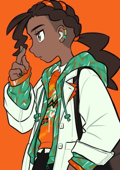 Rule 34 | 1boy, alternate costume, bag, black pants, closed mouth, collared shirt, commentary, dark-skinned male, dark skin, earclip, elizabeth (tomas21), eyelashes, from side, grey eyes, hand up, highres, hood, hood down, long sleeves, male focus, multicolored nails, nail polish, naveen (pokemon), nintendo, orange background, orange sweater, pants, pokemon, pokemon legends: z-a, print sweater, shirt, simple background, sleeves past wrists, solo, sweater, tassel, white shirt