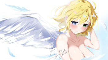 1girl :3 absurdres ahoge angel_wings arm_behind_head blonde_hair blue_background blue_eyes blush breasts cleavage closed_mouth collarbone commentary_request completely_nude convenient_censoring feathers gradient_background green_eyes heterochromia highres large_breasts looking_at_viewer messy_hair nude open_mouth ryouna_(senran_kagura) senran_kagura senran_kagura_shinovi_versus shiny_skin short_hair signature smile solo tartorumin two-tone_background upper_body white_background white_feathers wings