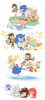 angry blush chao_(sonic) charmy_bee cheese_(sonic) child cream_the_rabbit flying gloves highres knuckles_the_echidna lake laughing multiple_tails sega shadow_the_hedgehog shoes silver_the_hedgehog smile socks sonic_(series) sonic_the_hedgehog spiked_hair tail tails_(sonic) two_tails water wings yotsumeddd