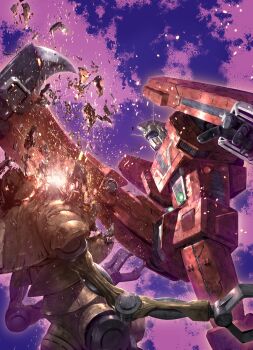 claws cover damaged densetsu_kyojin_ideon floating from_side great_mechanics_g highres ideon kicking magazine_cover mecha mecha_focus mecha_request morishita_naochika no_humans official_art open_hand robot science_fiction space textless_version