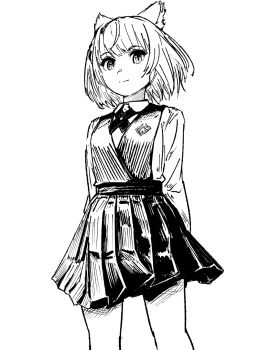 1girl alternate_costume animal_ear_fluff animal_ears arms_behind_back cat_ears cat_girl chin_bell closed_mouth commentary_request greyscale highres looking_at_viewer mio_(xenoblade) monochrome pleated_skirt shirt simple_background skirt smile solo standing white_background xenoblade_chronicles_(series) xenoblade_chronicles_3