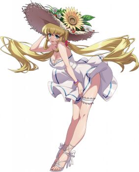 1girl :d alternate_costume bare_arms bare_shoulders blonde_hair blue_eyes blue_trim bow bracelet breasts cleavage dress dress_tug floating_hair flower frilled_thigh_strap full_body game_cg hair_between_eyes hair_tie hand_on_headwear happy hat hat_flower high_heel_sandals jewelry langrisser langrisser_mobile langrisser_re:incarnation large_breasts leaning_forward legs long_hair looking_at_viewer low_twintails official_alternate_costume official_art open_mouth rozalia_(langrisser) sandals shiny_skin smile solo standing straw_hat sun_hat sundress sunflower sunflower_hat_ornament tachi-e thigh_strap third-party_source toes transparent_background twintails white_bow white_dress white_sandals wind wind_lift