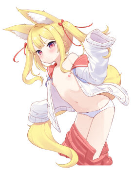 1girl animal_ear_fluff animal_ears blonde_hair cardigan clothes_pull commentary_request fox_ears fox_tail highres loli long_hair navel nipples open_clothes original paid_reward_available panties red_eyes red_skirt shokupan_(slvk12) simple_background skirt skirt_pull sleeves_past_wrists solo tail twintails underwear variant_set white_background white_panties