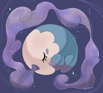 alternate_color animal_focus artist_name closed_eyes commentary_request eyelashes fog gen_5_pokemon iwasi_29 musharna nintendo no_humans pokemon pokemon_(creature) purple_background shiny_pokemon sparkle twitter_username