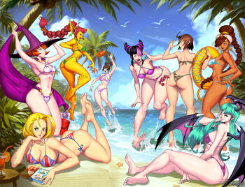 Rule 34 | 6+girls, ass, battle circuit, beach, bikini, blonde hair, braid, braided ponytail, breasts, cammy white, capcom, company connection, crossover, dark-skinned female, dark skin, darkstalkers, flag print, flag print bikini, genzoman, hair horns, han juri, hat, head wings, highres, june lin milliam, justice gakuen, kazama akira, morrigan aensland, multiple crossover, multiple girls, power stone, print bikini, rouge (power stone), smile, star gladiator, street fighter, street fighter 6, swimsuit, tabasa, warzard, water, wings, witch hat, yellow beast